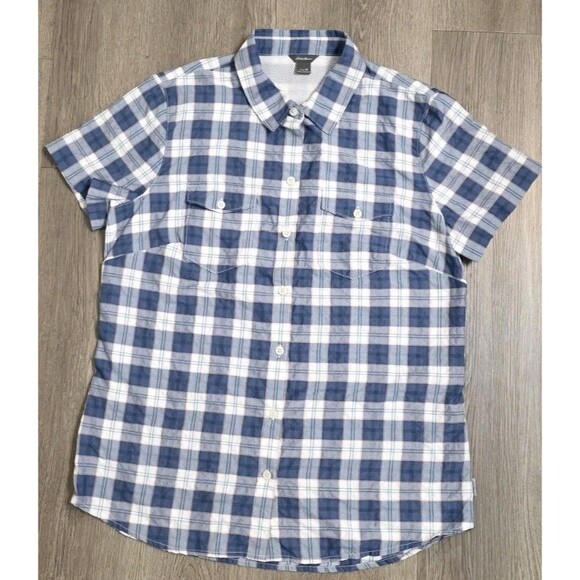 Eddie Bauer Women’s M Plaid Short Sleeve Hiking Outdoor Shirt Quick Dry Blue - Picture 2 of 13